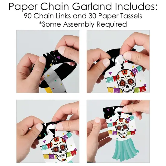 Big Dot of Happiness Day of the Dead - 90 Chain Links and 30 Paper Tassels Decoration Kit - Sugar Skull Party Paper Chains Garland - 21 feet {6}