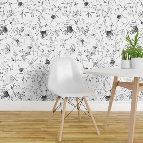 Peel & Stick Wallpaper 2FT Wide Black And White Flower Drawing Blossoms Leaves Floral Nature Botanical Monochrome Custom Removable Wallpaper by Spoonflower {1}