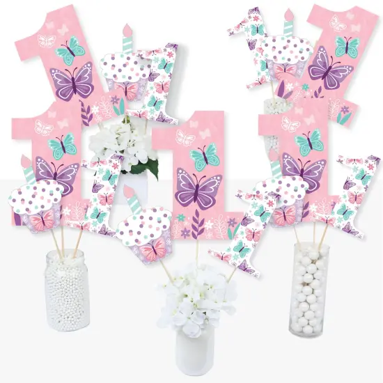 Big Dot of Happiness 1st Birthday Beautiful Butterfly - Floral First Birthday Party Centerpiece Sticks - Table Toppers - Set of 15 {3}