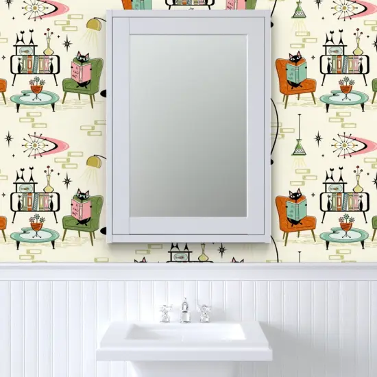 Pre-Pasted Wallpaper 2FT Wide Mid Century Modern Retro Cats 1950S Inspired Atomic Age Vintage Style Custom Pre-pasted Wallpaper by Spoonflower {6}