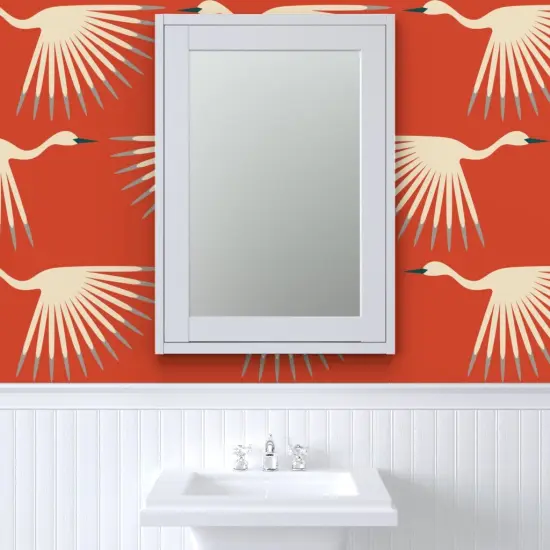 Pre-Pasted Wallpaper 2FT Wide 1920S Art Deco Swan Crane Bird Flock Migrate Fly Sunburst Fan Animal Air Formation Flight Orange Red Gray Cream Vermilion Long Neck Wings Custom Pre-pasted Wallpaper by Spoonflower {6}