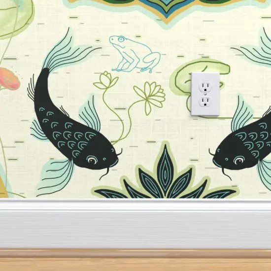 Pre-Pasted Wallpaper 2FT Wide Lotus Damask Koi Fish Black Green Teal Japanese Pond Oriental Asia Beige Pink Water Custom Pre-pasted Wallpaper by Spoonflower {4}