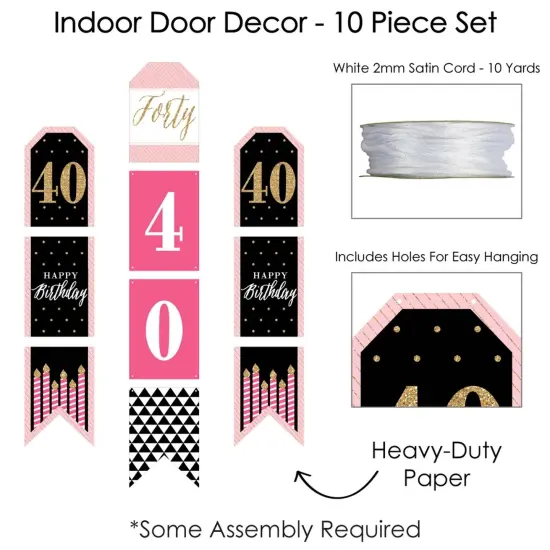 Big Dot of Happiness Chic 40th Birthday - Pink, Black & Gold - Hanging Vertical Paper Door Banners - Birthday Party Wall Decor Kit - Indoor Door Decor {6}
