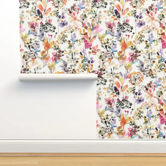 Pre-Pasted Wallpaper 2FT Wide Watercolor Plants Floral Nature Abstract Plants Home Decor Watercolor Botanical Grasses Countryside Rustic Painterly Artistic Custom Pre-pasted Wallpaper by Spoonflower {2}