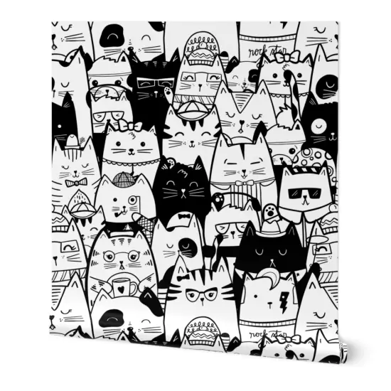 Peel & Stick Wallpaper 2FT Wide Black Cats White Rescue Cats Kids Kittens Cat Cute Funny Custom Removable Wallpaper by Spoonflower {7}