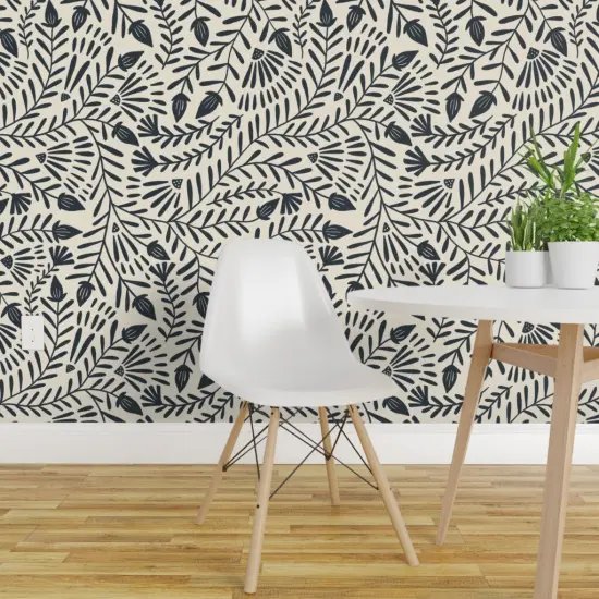 Pre-Pasted Wallpaper 2FT Wide Folk Vines Floral Beige Deep Navy Simple Nature Botanical Farmhouse Custom Pre-pasted Wallpaper by Spoonflower {1}