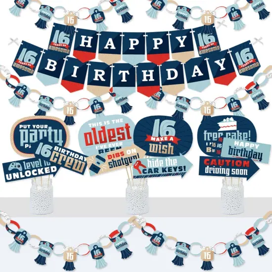 Big Dot of Happiness Boy 16th Birthday - Banner and Photo Booth Decorations - Sweet Sixteen Birthday Party Supplies Kit - Doterrific Bundle {1}