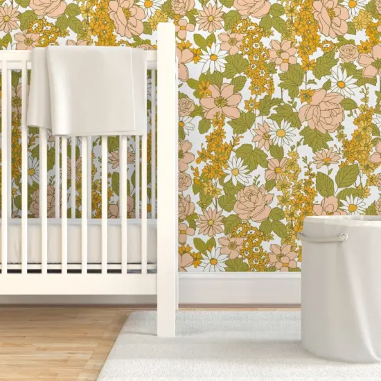 Pre-Pasted Wallpaper 2FT Wide Retro Flowers Green Orange Pink 1970s Spring Flower Power Vintage Style Custom Pre-pasted Wallpaper by Spoonflower {7}