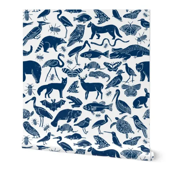 Peel & Stick Wallpaper 2FT Wide Animals Navy Blue Zoo Botanical Nursery Kids Custom Removable Wallpaper by Spoonflower {7}