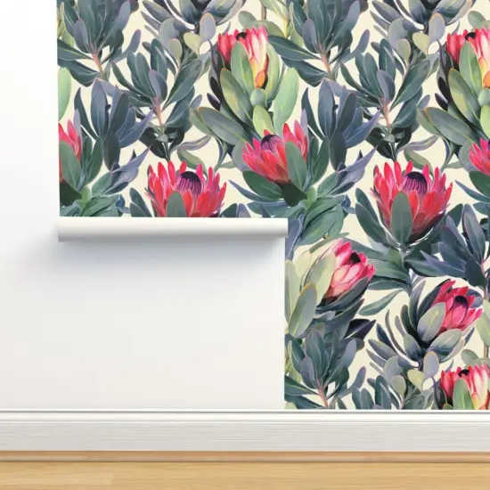 Peel & Stick Wallpaper 2FT Wide Painted Protea Floral Extra Large Tropical Vintage Olive Green Garden Inspired Botanical Leaves Home Decor Kitchen Custom Removable Wallpaper by Spoonflower {2}