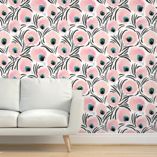 Pre-Pasted Wallpaper 2FT Wide Feather Flowers Floral Art Deco Soft Pastel Blush Pink White Turquoise Black Custom Pre-pasted Wallpaper by Spoonflower {5}