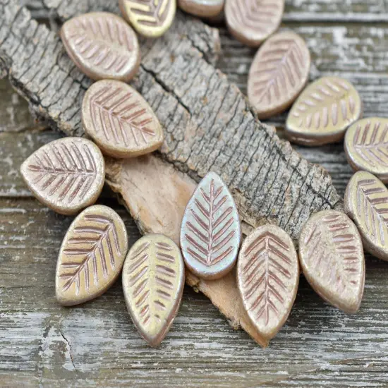*15* 16x12mm Pink AB Washed Metallic Champagne Top Drilled Dogwood Leaf Beads {2}