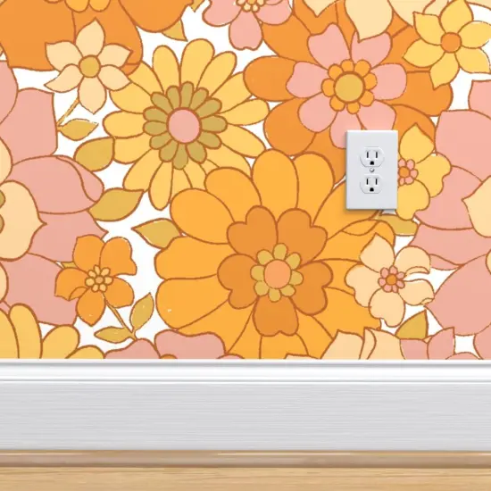 Pre-Pasted Wallpaper 2FT Wide Retro Floral Sunny Maximalist Blush Pink Mustard Gold Marigold 1960S Custom Pre-pasted Wallpaper by Spoonflower {4}