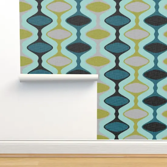 Pre-Pasted Wallpaper 2FT Wide Mid Century Ogee Modern Teal Blue Lime Gray Grey Black Olive Geometric Custom Pre-pasted Wallpaper by Spoonflower {2}