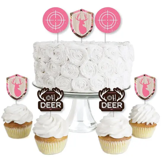 Big Dot of Happiness Pink Gone Hunting - Dessert Cupcake Toppers - Deer Hunting Girl Camo Baby Shower or Birthday Party Clear Treat Picks - Set of 24 {1}