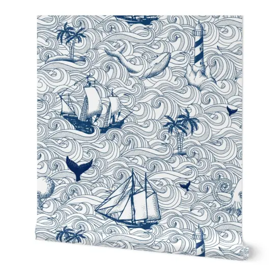 Peel & Stick Wallpaper 2FT Wide Blue White Sailboats Sailing Ships Nautical Vintage Inspired Ocean Custom Removable Wallpaper by Spoonflower {7}
