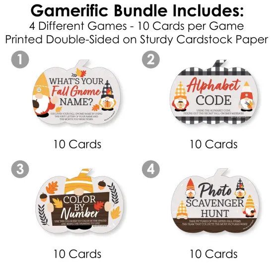 Big Dot of Happiness Fall Gnomes - 4 Autumn Harvest Party Games - 10 Cards Each - Gamerific Bundle {4}