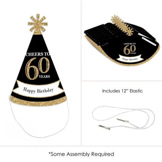 Big Dot of Happiness Adult 60th Birthday - Gold - Cone Birthday Party Hats for Adults - Set of 8 (Standard Size) {6}