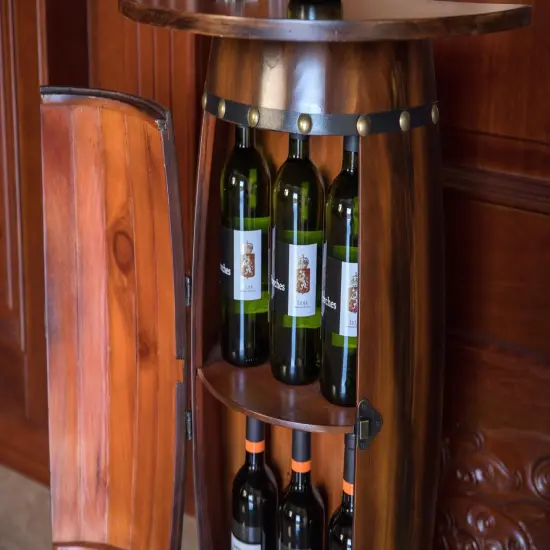 Rustic Lockable Barrel Shaped Wine Bar Cabinet Wooden End Table {5}