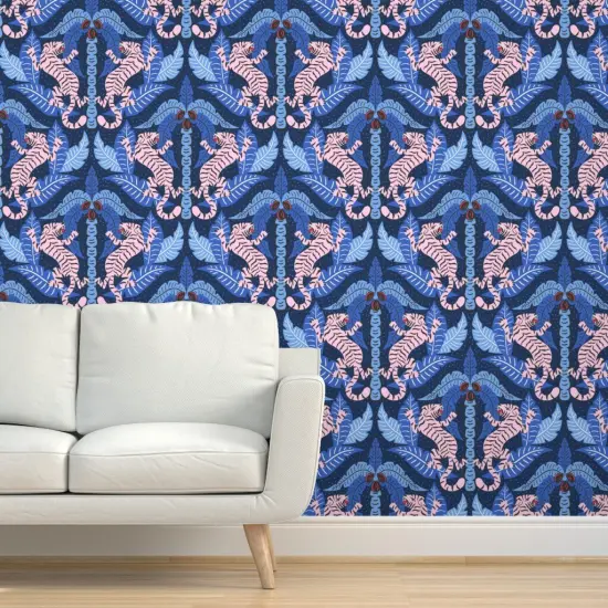 Peel & Stick Wallpaper 2FT Wide Maximalist Damask Tiger Jungle Blue Cobalt Tropical Palms Blush Pink Bright Animalier Big Cat Custom Removable Wallpaper by Spoonflower {5}