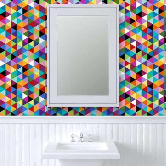 Peel & Stick Wallpaper 2FT Wide Colorful Geometric Triangle Cheater Quilt Pattern Happy Multi Color Modern Triangles Pop Art Colors Abstract Kid Room Shapes Custom Removable Wallpaper by Spoonflower {6}
