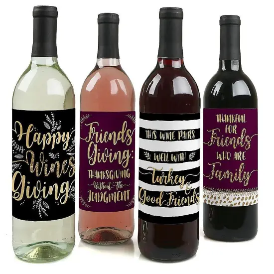 Big Dot of Happiness Elegant Thankful for Friends - Friendsgiving Thanksgiving Party Decor for Women and Men - Wine Bottle Label Stickers - Set of 4 {1}