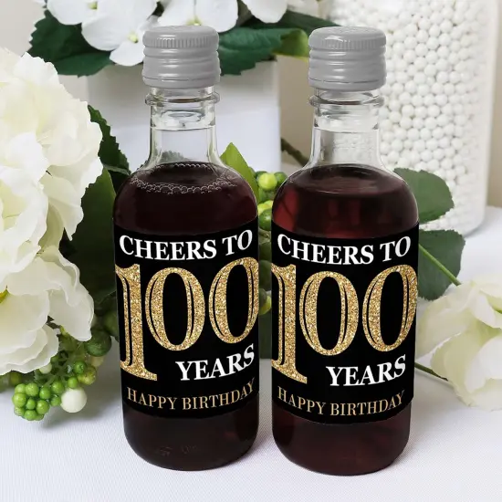 Big Dot of Happiness Adult 100th Birthday - Gold - Mini Wine & Champagne Bottle Label Stickers - Birthday Party Favor Gift for Women & Men - Set of 16 {6}