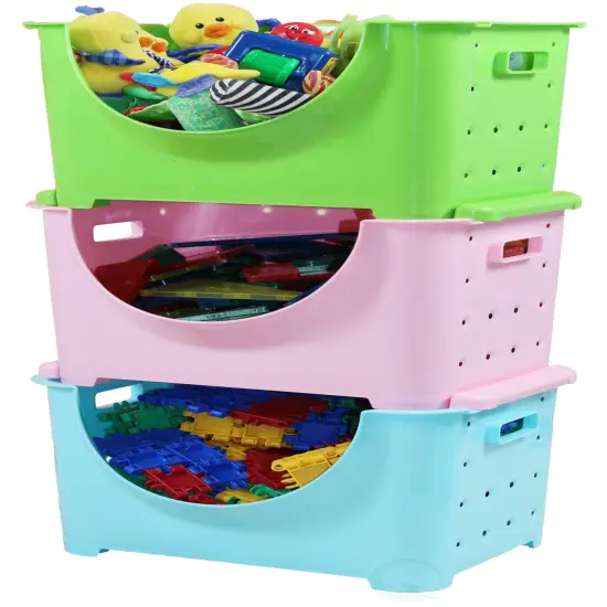 Stackable Plastic Storage Container Blue Set of 3 {6}