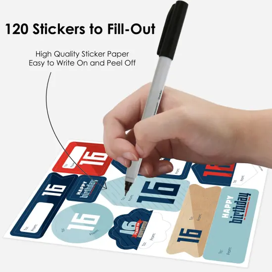 Big Dot of Happiness Boy 16th Birthday - Assorted Sweet Sixteen Birthday Party Gift Tag Labels - To and From Stickers - 12 Sheets - 120 Stickers {4}