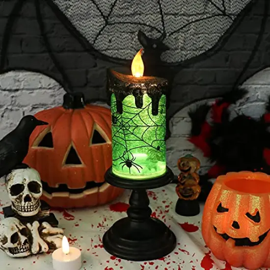 Eldnacele Halloween Snow Globe Candles Lighted Lamp, Battery Operated Spooky Spinning Water Glittering Tornado Candles Flameless Candles Table Centerpiece for Halloween Celebration Parties(Spider) {4}