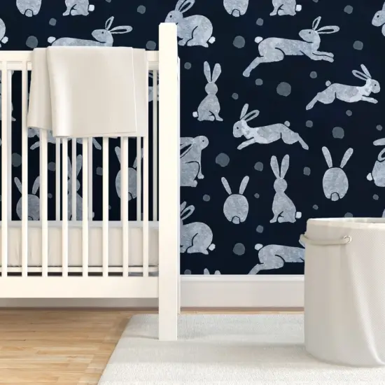 Pre-Pasted Wallpaper 2FT Wide Indigo Rabbits Dark Blue Bunny Snow Hare Winter Animals Custom Pre-pasted Wallpaper by Spoonflower {7}