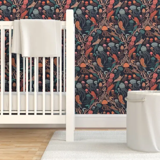 Pre-Pasted Wallpaper 2FT Wide Coastal Whimsical Ocean Mermaid Jellyfish Swimming Custom Pre-pasted Wallpaper by Spoonflower {7}