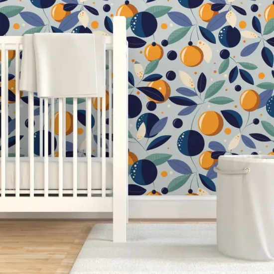 Pre-Pasted Wallpaper 2FT Wide Blue Floral Oranges Citrus Garden Mid-Century Botanical Moonlight Tuscan Mediterranean Large Scale Custom Pre-pasted Wallpaper by Spoonflower {7}