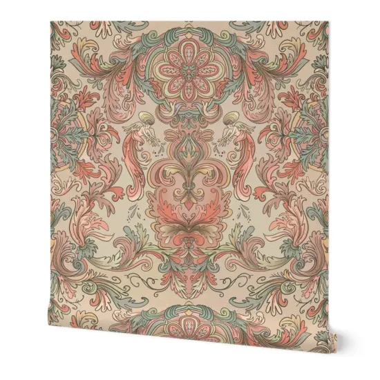 Peel & Stick Wallpaper 2FT Wide Pink Florla Teal Wallpaper Angels Italian Coral Baroque Ancient Acanthus Rococo Rosette Large Scale Custom Removable Wallpaper by Spoonflower {7}