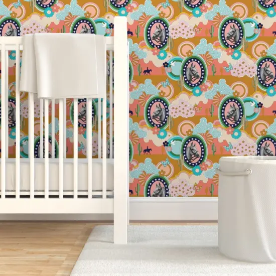 Pre-Pasted Wallpaper 2FT Wide Horse Cactus Butterfly Bird Flower 70S Pop Art Clouds Western Cowboy Cowgirl Custom Pre-pasted Wallpaper by Spoonflower {7}