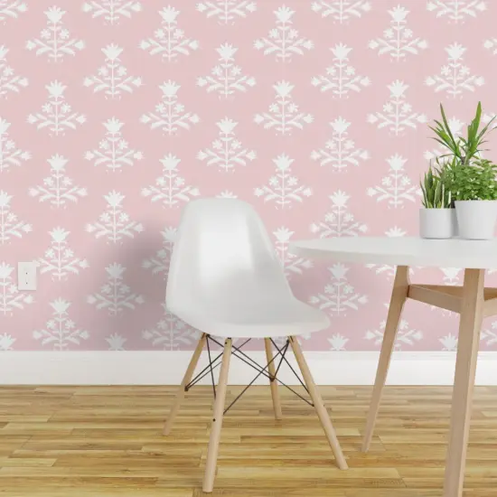 Pre-Pasted Wallpaper 2FT Wide Traditional Floral Bohemian Ikat Block Print Ballet Slipper Pink Custom Pre-pasted Wallpaper by Spoonflower {1}
