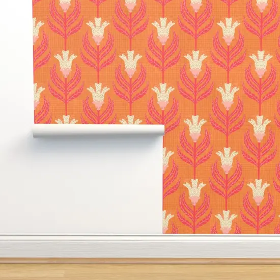 Peel & Stick Wallpaper 2FT Wide Floral Damask Bright Vintage Cream Retro Orange Funky Simple Custom Removable Wallpaper by Spoonflower {2}