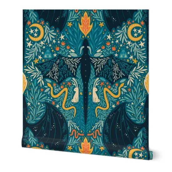 Peel & Stick Wallpaper 2FT Wide Folk Dragons Fairy Tale Botanical Kids Room Magical Jackalopes Maximalist Custom Removable Wallpaper by Spoonflower {7}