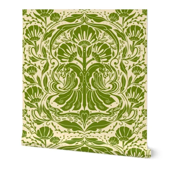 Peel & Stick Wallpaper 2FT Wide Green Yellow Nature Birds Victorian Summer Damask Olive Baroque Chinoiserie Rococo Art Nouveau Large Scale Custom Removable Wallpaper by Spoonflower {7}