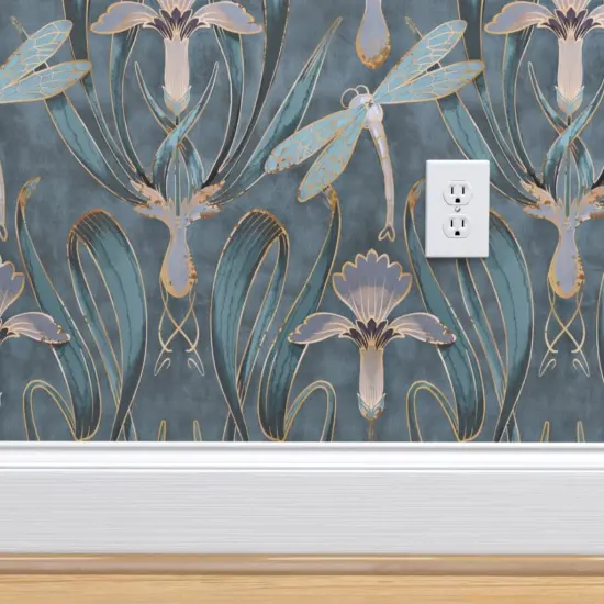 Pre-Pasted Wallpaper 2FT Wide Art Nouveau Deco Gray Blue Nature Floral Lillies 1920S Custom Pre-pasted Wallpaper by Spoonflower {4}