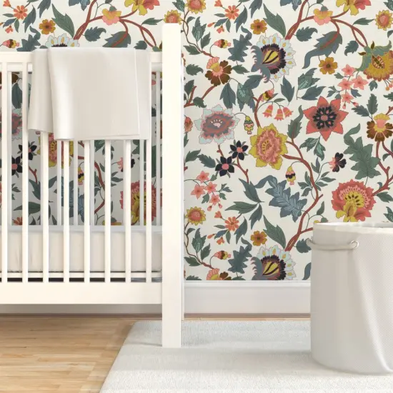 Pre-Pasted Wallpaper 2FT Wide Multicolor Flowers Folk Garden Bedroom Italian Botanical Florals Villa Sage Mustard Coral Wildflower Meadow Large Scale Custom Pre-pasted Wallpaper by Spoonflower {7}