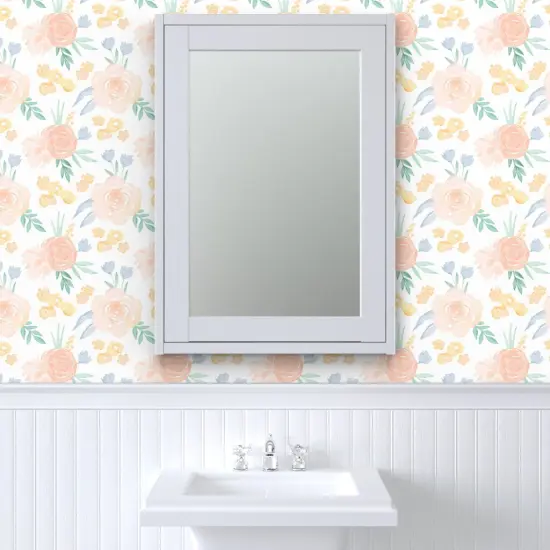 Peel & Stick Wallpaper 2FT Wide Watercolor Floral Pink Yellow Roses Flowers Medium Scale Custom Removable Wallpaper by Spoonflower {6}