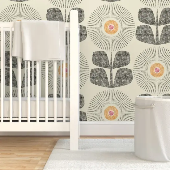 Pre-Pasted Wallpaper 2FT Wide Mid Century Modern Retro Floral Large Scale Neutral Cream Custom Pre-pasted Wallpaper by Spoonflower {7}