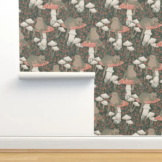 Pre-Pasted Wallpaper 2FT Wide Woodland Forest Toads Mushrooms Toadstool Cottagecore Whimsical Fairy Custom Pre-pasted Wallpaper by Spoonflower {2}