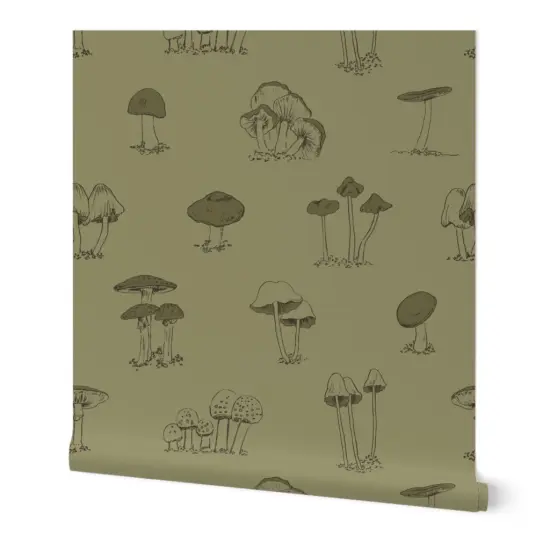 Peel & Stick Wallpaper 2FT Wide Cute Green Mushrooms Forest Olive Woodland Boys Botanical Cottagecore Nature Custom Removable Wallpaper by Spoonflower {7}