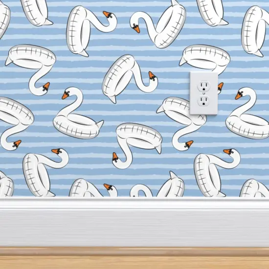 Pre-Pasted Wallpaper 2FT Wide Whimsical Summer Beach Stripes Swan Pool Fun Small Scale Coastal Ocean Blue Custom Pre-pasted Wallpaper by Spoonflower {4}