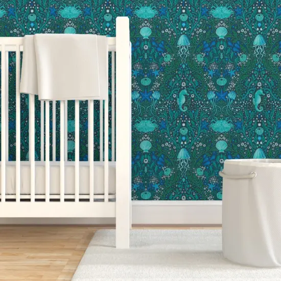 Pre-Pasted Wallpaper 2FT Wide Blue Small Scale Ocean Aquatic Life Seahorses Seaweed Aqua Water Beach Coastal Jellyfish Sea Urchin Custom Pre-pasted Wallpaper by Spoonflower {7}