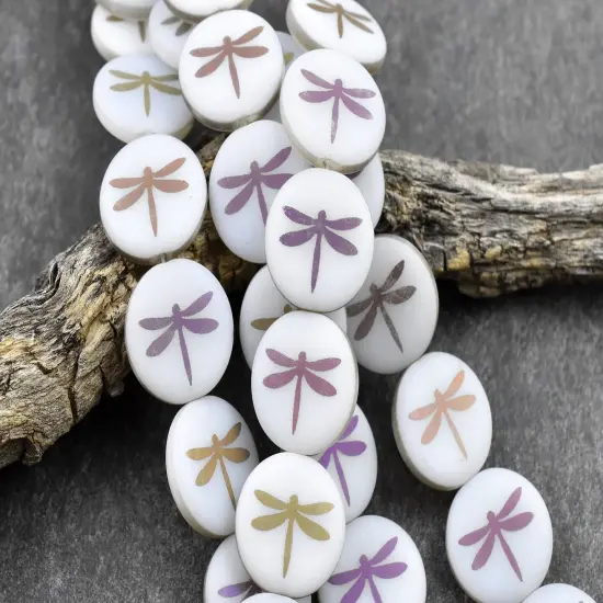 *8* 16mm Alabaster Sliperit Laser Tattoo Dragonfly Coin Beads {1}
