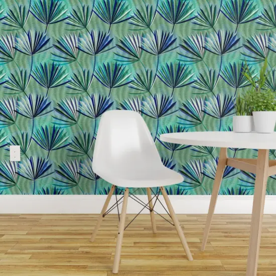 Peel & Stick Wallpaper 2FT Wide Jungle Palm Tropical Foliage Rainforest Summer Electric Blue Green Large Scale Custom Removable Wallpaper by Spoonflower {1}