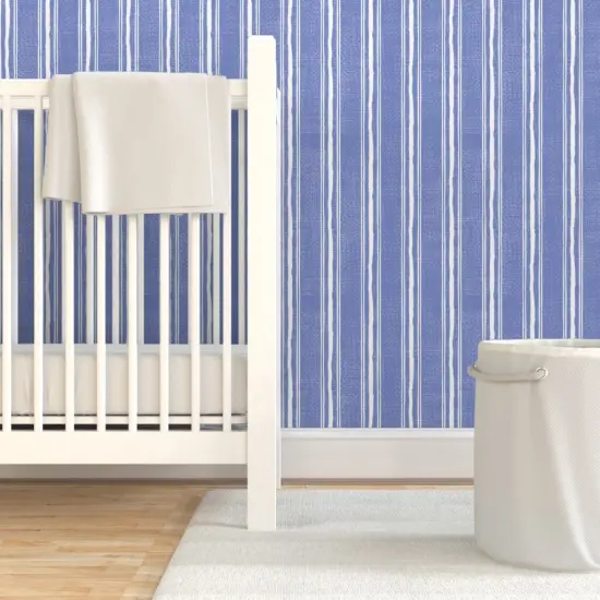 Pre-Pasted Wallpaper 2FT Wide Blue Summer Contemporary And White Vertical Stripes Thin Modern Beach Costal Boho Chic Custom Pre-pasted Wallpaper by Spoonflower {7}